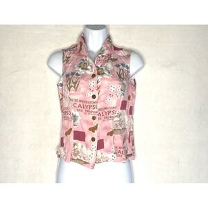 Vtg Style Jamaica Bay Pink Floral Butterfly All over‎ Print Blouse Sleevelss PS
